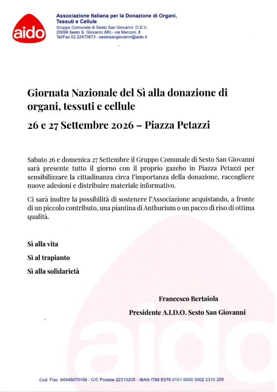 A.I.D.O. - Giornata Nazionale del Sì alla donazione di organi, tessuti e cellule - 26 e 27 Settembre 2026