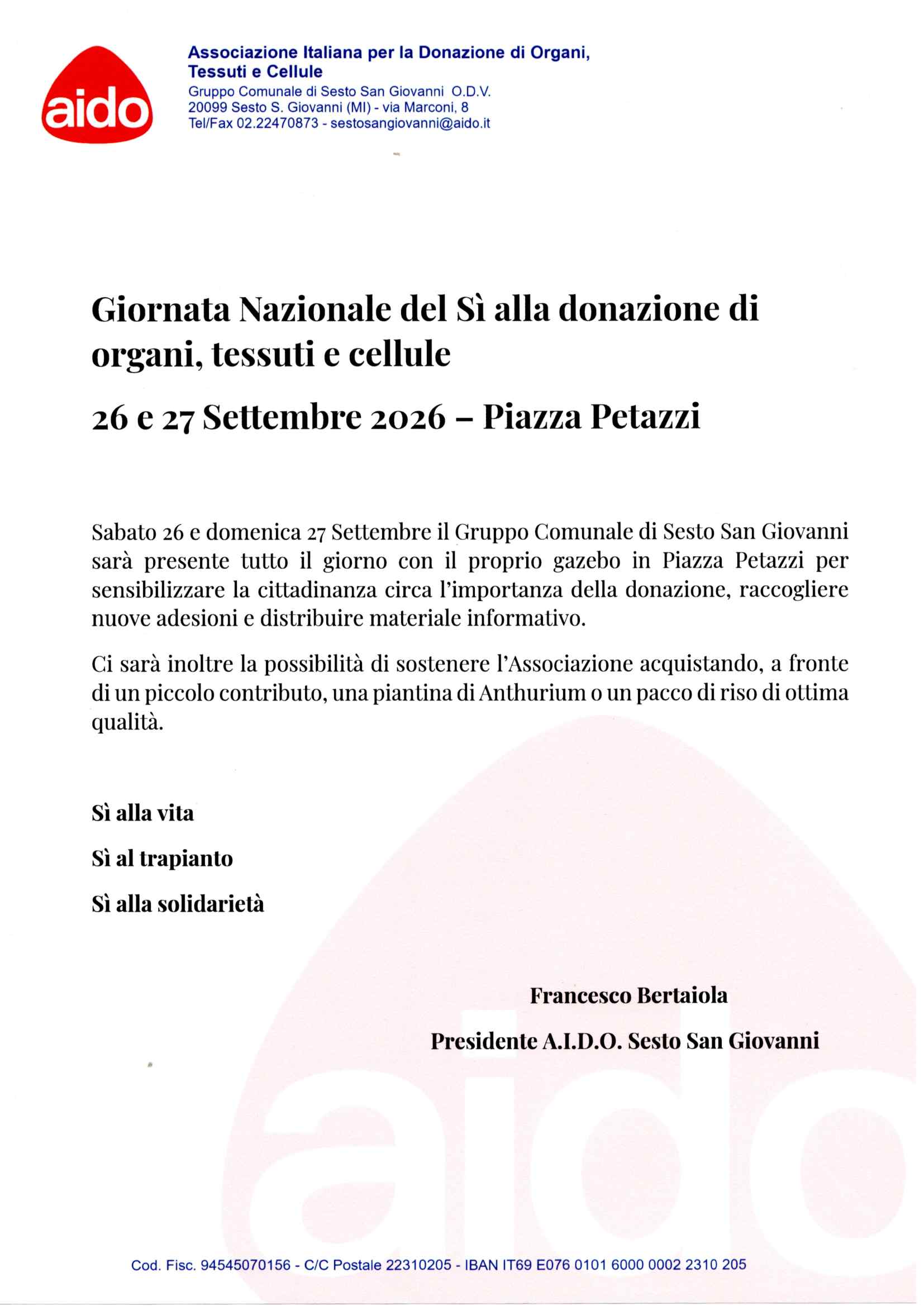 A.I.D.O. - Giornata Nazionale del Sì alla donazione di organi, tessuti e cellule - 26 e 27 Settembre 2026