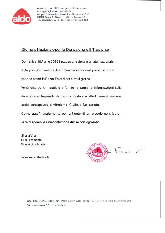A.I.D.O. - Giornata Nazionale per la Donazione e il Trapianto 19 Aprile 2026